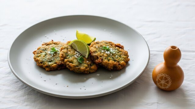 Minimalist Malagasy Mofo Anana Leafy Green Fritters on Grey Plate with Calabash and Copy Space