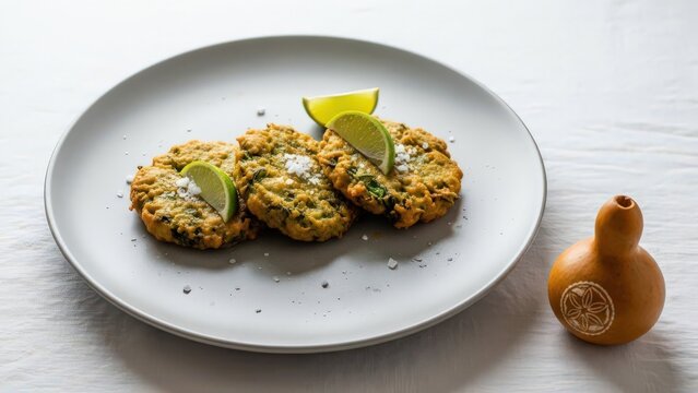 Minimalist Malagasy Mofo Anana Leafy Green Fritters on Grey Plate with Calabash and Copy Space