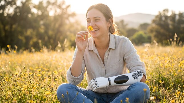 Happy young woman with a high-tech bionic prosthetic arm sitting in a sunny meadow and smelling a yellow wildflower
