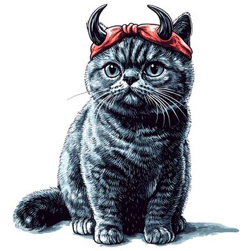Cute tabby cat wearing devil horns and red bandana, illustration