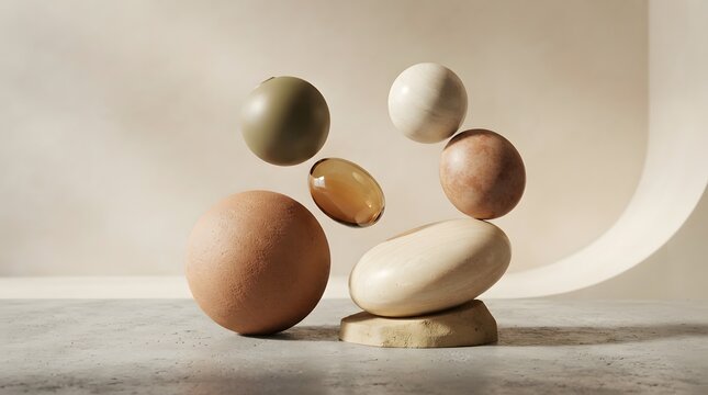 Abstract composition of floating spheres and smooth stones creating a balanced zen meditation display on neutral background