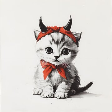 Cute cartoon kitten wearing devil horns and red bow tie, playful and mischievous