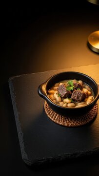 Gourmet Malagasy Tsaramaso sy Hen'omby Beef and Bean Stew on Dark Stone with Copy Space