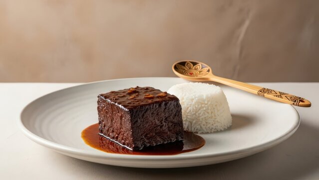 Minimalist Malagasy Hen'omby Ritra Simmered Beef on Cream Plate with Copy Space