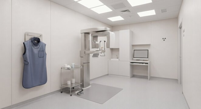Modern dental X-ray room with panoramic CBCT scanner, diagnostic equipment, and computer workstation