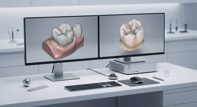 Digital 3D dental CAD CAM crown modeling on dual monitors at lab workplace