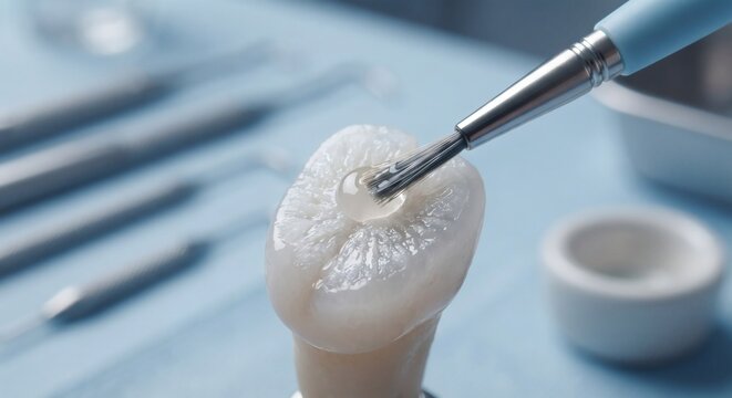 Dental composite filling or sealant application on molar tooth macro view