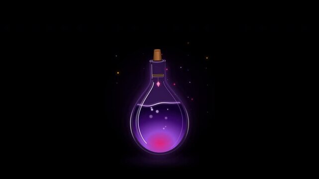 Glowing purple magic potion flask animation with bubbling liquid and sparkles on black background