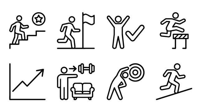 Goal achievement and personal growth line icons collection with career progress, success, motivation, obstacles, targets and upward development