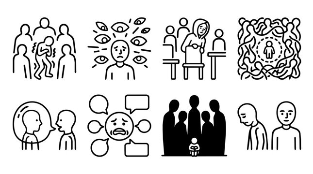 Social anxiety and loneliness line icons collection with crowd pressure, self consciousness, isolation, fear, communication stress and exclusion