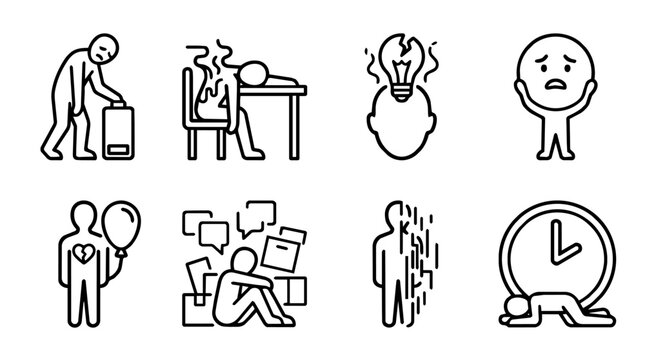 Burnout and workplace exhaustion line icons collection with low energy, stress, broken ideas, anxiety, overload and time pressure