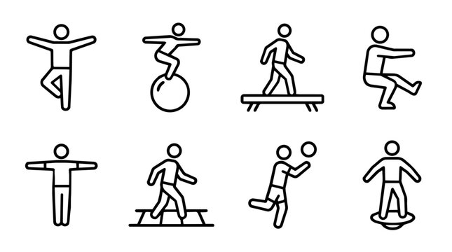 Balance training and coordination exercise line icons collection with yoga poses, stability ball, balance beam and fitness movements