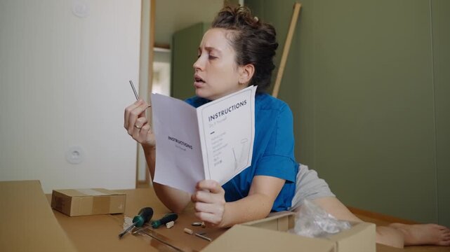 Confused and frustrated woman sitting on the floor, trying to understand the complicated instructions for assembling do it yourself furniture after moving into her new apartment and building furniture