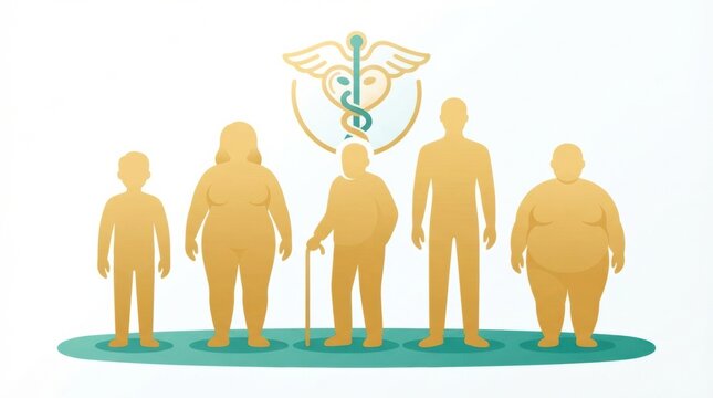 A graphic shows various human body types from slim to overweight, emphasizing health awareness and treatment for obesity in a healthcare setting.