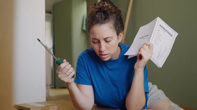 Puzzled woman holding a screwdriver while reading a complicated manual with do it yourself instructions for assembling flat pack furniture at home, expressing confusion and frustration in project