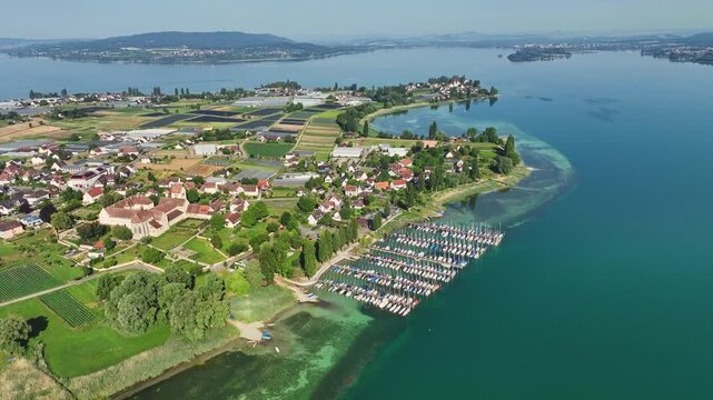 Aerial view of the island of Reichenau, in western Lake Constance, Untersee, with the marina, pleasure boat harbour Herrenbruck, on the left the cathedral of St. Maria and Markus and the monastery, f