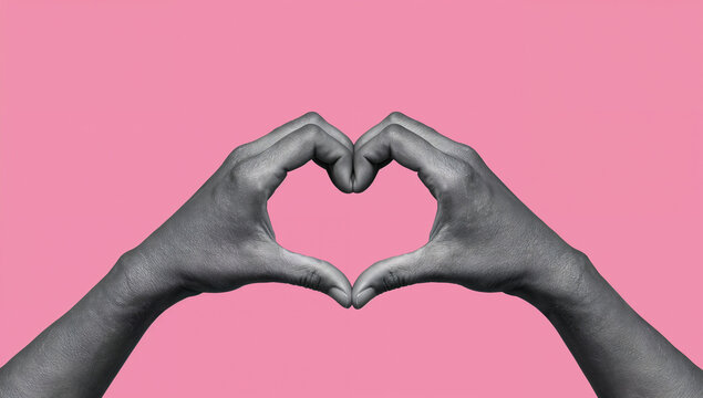 Black and white hands making a heart shape isolated on a solid pink background