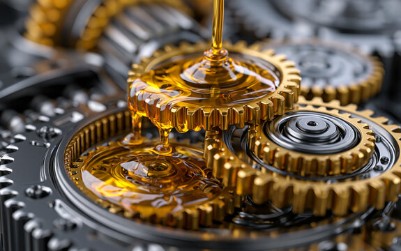 Complex industrial gearbox with shiny golden gears getting lubricated by amber oil. Intricate metal mechanism shows precision engineering and powerful mechanical function.