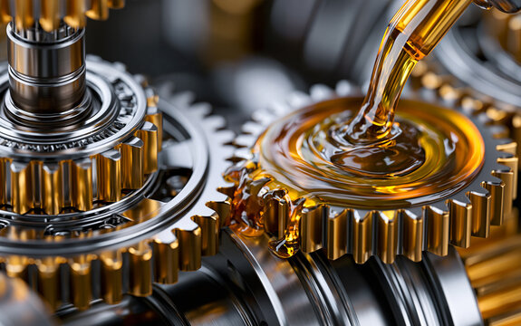 Complex industrial gearbox with shiny golden gears getting lubricated by amber oil. Intricate metal mechanism shows precision engineering and powerful mechanical function.