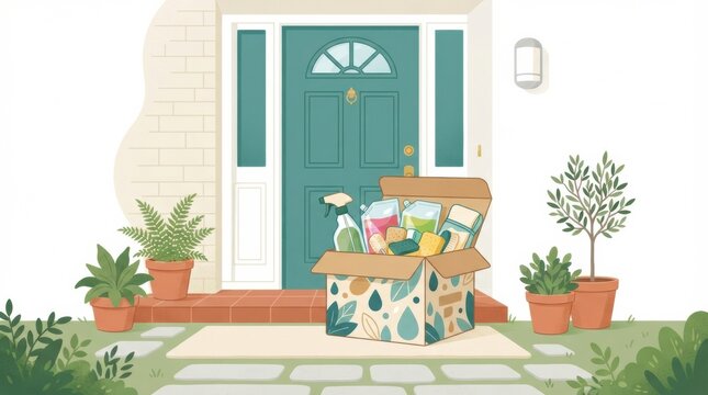 A box filled with household cleaning products sits at a front door surrounded by potted plants and a stone walkway.