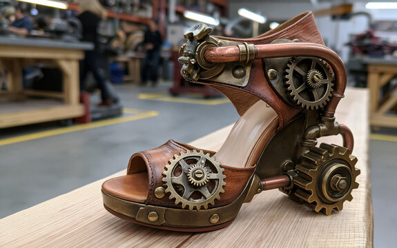 Steampunk leather high heel shoe with bronze gears and copper pipes rests on wood plank. Detailed mechanical footwear sits in workshop, blending fashion with industrial art