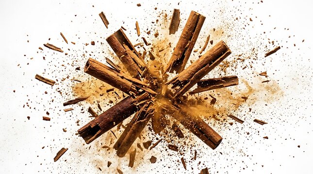 Cinnamon sticks explosion with powder on white for food menu presentation and spice advertisement banner design