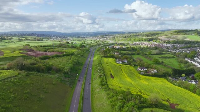 Farms and Fields from a drone over Kingskerswell and Road A380, Devon, England, United Kingdom