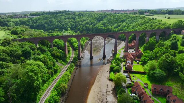 Larpool Viaduct from a drone, Viaduct in Whitby, River Esk, North Yorkshire, England, United Kingdom
