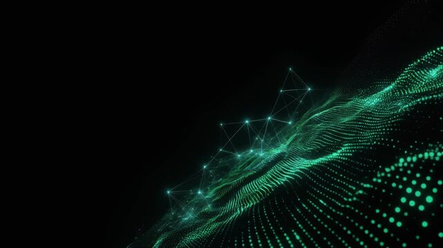 Flowing wave made of thousands of tiny emerald green data particles