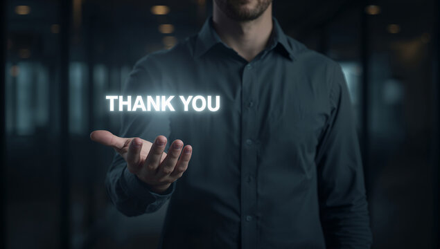 Businessman holding glowing Thank You sign in corporate office, business gratitude and appreciation concept