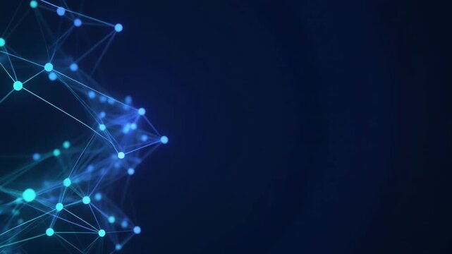 Three-dimensional network of small blue and cyan glowing nodes and lines