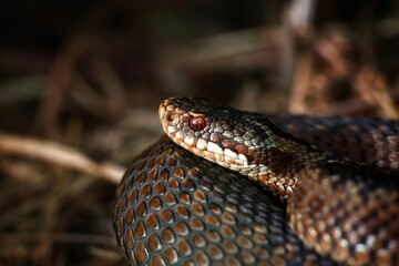 Obraz premium Adder (Vipera berus) coiled with head raised among dry bracken in the wild, Mendip Hills, Somerset, UK, July 2025