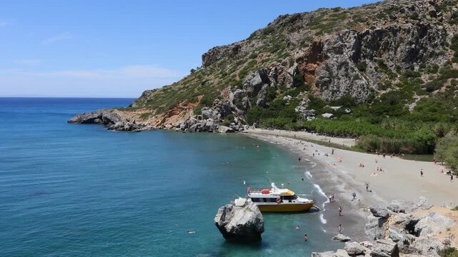 Preveli Beach at the end of the Kourtaliatiko Gorge, south coast, Crete, Greece