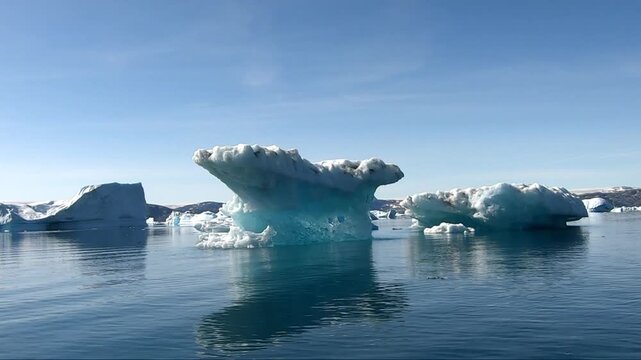An impressive iceberg juts out of the clear blue ocean under a cloudless sky, Tiniteqilaaq, Tasilaq, Greenland, Denmark