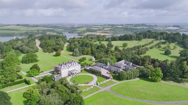 Antony House from a drone, Woodland Garden and Woodland Walk, Torpoint, Cornwall, England, United Kingdom