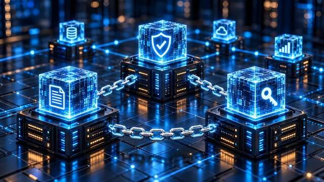 Blockchain technology concept with linked digital cubes and secure data storage servers, representing decentralized cryptography network and futuristic cyber protection infrastructure.