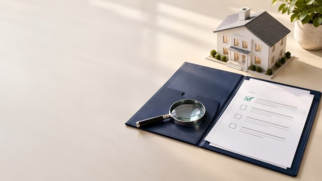 Real estate property inspection checklist with magnifying glass document folder and miniature house model