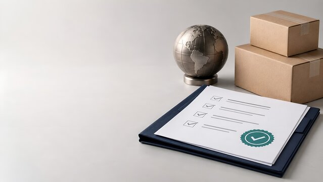 Global shipping logistics compliance checklist with approved stamp metal globe and cardboard boxes