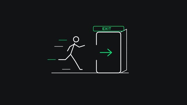 Premium animated line-draw sequence of an emergency exit sign featuring running man silhouette, directional arrow, and open door frame. Clean stroke a.