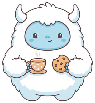 Cute kawaii yeti holding a cup of tea and a cookie