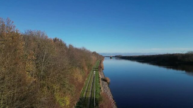 Drone shot, container ship Marburg sails through the Kiel Canal, NOK, Kiel Canal, Kiel Canal, Schleswig-Holstein, Germany