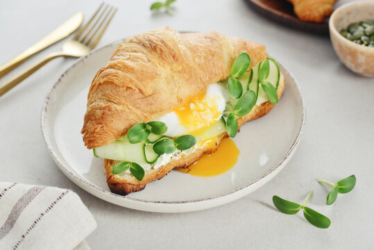 Croissant sandwich with cream cheese, cucumber, poached egg and microgreens