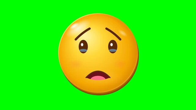 Glossy 3D yellow crying emoji face with sad eyebrows, open wailing mouth and blue tears rolling down cheeks, centered animated icon in a seamless loop on pure green screen background