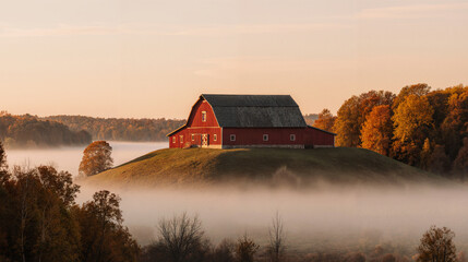 Red barn on a hill above morning fog in autumn countryside at sunrise © Flori