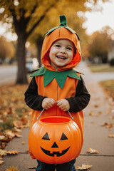 Happy little boy in a pumpkin costume with a trick-or-treat bucket © Flori