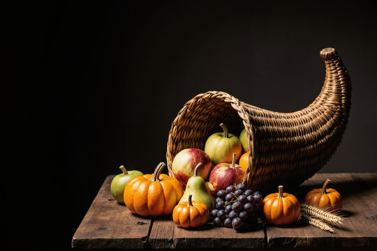 Wicker cornucopia with apples, pears, grapes and pumpkins on a dark background