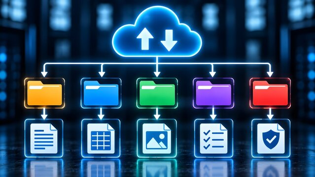 Illuminated cloud computing network diagram showing data synchronization multiple digital folders and secure file storage architecture in modern server room