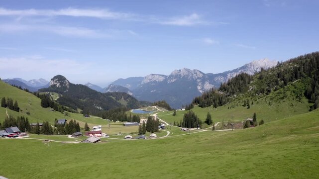 Drone flight over the Loferer Alm, Lofer, Pinzgau, Land Salzburg, Austria