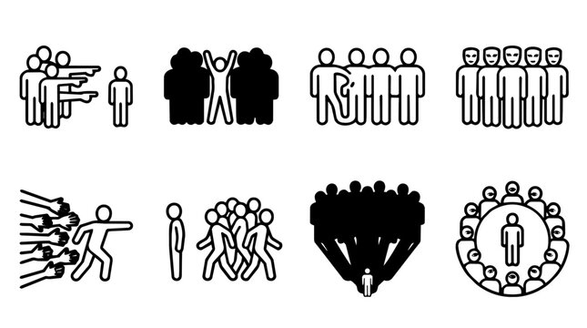Social exclusion and group pressure line icons collection with bullying, isolation, crowd influence, rejection and individual confrontation concepts