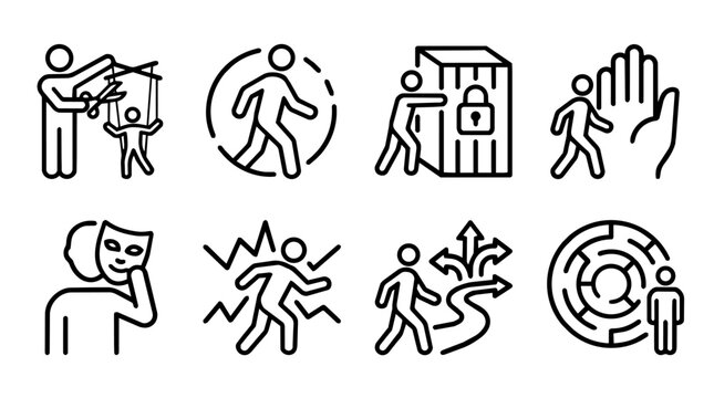Personal freedom and manipulation line icons collection with control, restriction, masks, barriers, choices and independence concepts